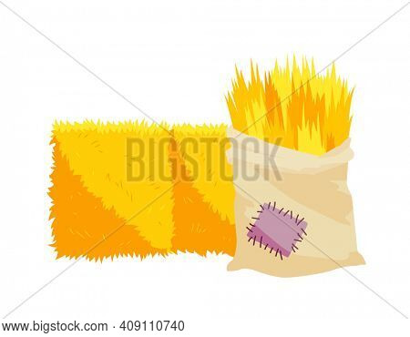 Golden color bale of hay. Bale of hay or straw isolated on white background. Bag of hay. Flat dried haystack, farming haymow bale hayloft, agricultural rural haycock