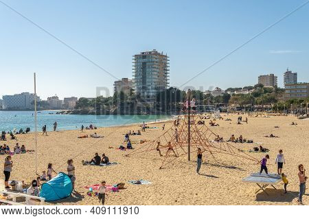 Palmanova, Spain; February 20 2021: General View Of The Marina And Beach Of The Mallorcan Resort Of 