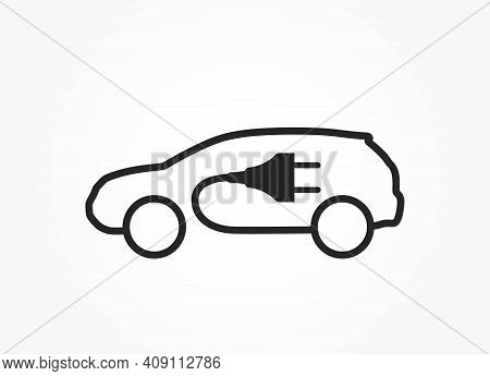 Electric Car Line Icon. Eco Transport Symbol. Car And Electric Plug. Isolated Vector Image