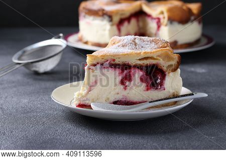 Karpatka With Cherries, Traditional Polish Cream Pie On Dark Background.