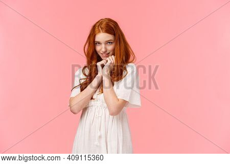 Relationship, Seduction And Love Concept. Cute Kawaii Young Redhead Woman In White Dress, Acting Sil