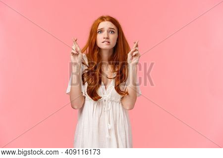 Nervous Cute Teenage Redhead Girl Praying Someting Good Happen, Wish Enter Cool Unversity, Waiting E