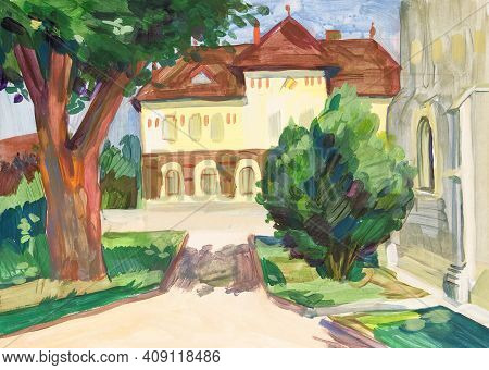 Landscape Painted With Gouache On Paper. Etude Sketch Performed In The Open Air. Romania, Piatra Nea