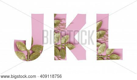 Floral Golden Glitter Pink Font Letters J,k,l Isolated On White