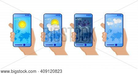 Set Of Hands Holding Smartphone With Weather App, Cloudy, Rainy, Snowy And Sunny Day. Touchscreen De