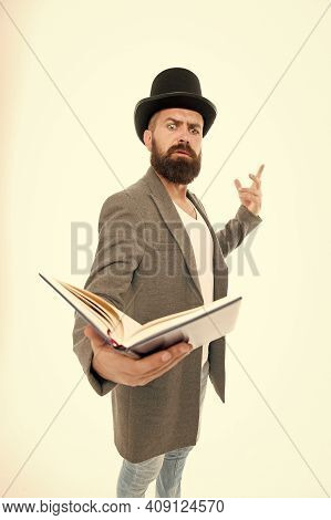 Take Inspiration With You. Bearded Man Read Inspirational Book. Teacher Got Inspiration Isolated On 