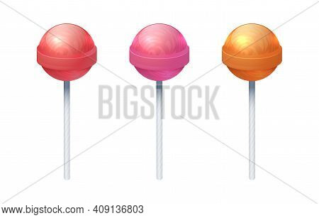 Round Sweet Lolly Candies. Realistic Colorful Lollipop Set. Caramel Spheres On Plastic Sticks. Sugar