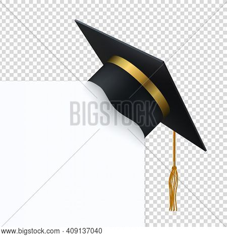 Black Degree Ceremony Hat With White Banner. 3d Realistic Square Graduation Cap With Gold Ribbon And