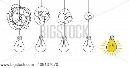 Messy Lines And Bulb. Idea Concept With Outline Lamps. Doodle Tangled Cord With Knot And Broken Illu