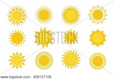 Sun Icons. Round Simple Graphic Element Collection, Summer Sun Yellow Weather Symbols For Print And 