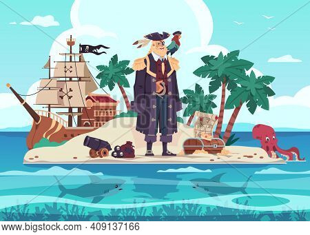 Pirate Island. Cartoon Kids Adventure Illustration With Captain Of Marine Brigands And Treasure Ches