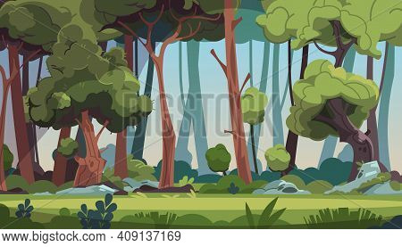 Forest Landscape. Cartoon Dense Wood With Green Foliage And Strong Tree Trunks. Scenic Grassy Meadow