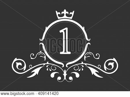 Stylized Number 1. Ornament And Crown Monogram Template For Business Cards, Logos, Emblems And Heral
