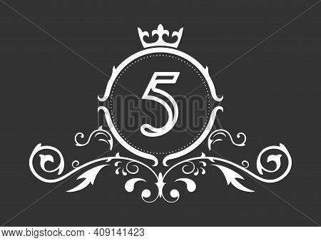 Stylized Number 5. Ornament And Crown Monogram Template For Business Cards, Logos, Emblems And Heral