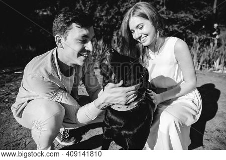 Lovely Couple Is Walking With A Black Labrodor On A Leash. Lovers Smile And Watch The Dog. A Walk In