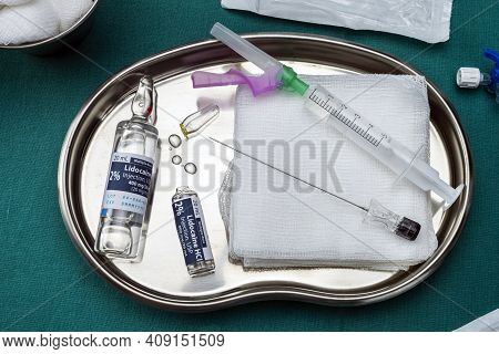 Vials With Lidocaine Anesthesia Prepared For Operation In An Operating Room, Conceptual Image