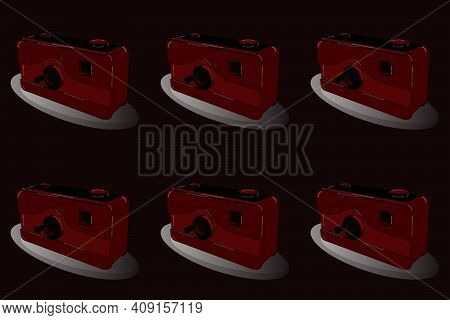 Hand Drawn Sketch In Raster Illustration. Photo Camera. 3d. Axonometry. Drawing In Brown, Black And 