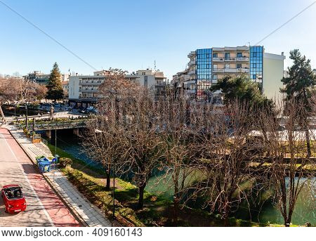 Trikala, Greece - February 6 2021: High Angle View Of The Centre Of The City, With People Enjoying A