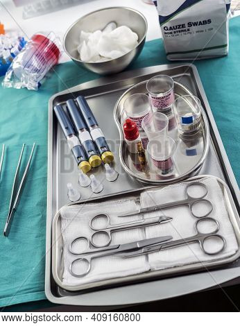 Diverse Medication In Glasses Monodose Along With Insulin Injectors In Hospital, Conceptual Image