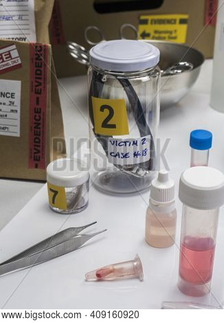 Hematological Analysis With Forensic Test Kit In A Murder In A Crime Lab, Conceptual Image