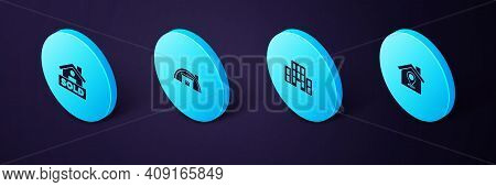 Set Isometric Location With House, House, Warehouse And Hanging Sign Text Sold Icon. Vector