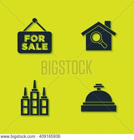 Set Hanging Sign With For Sale, Hotel Service Bell, Skyscraper And Search House Icon. Vector