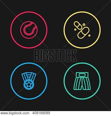 Set Line Medal, Boxing Short, Vitamin Pill And Tennis Ball Icon. Vector