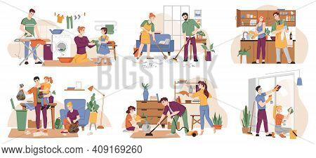 People Clean Home, Family Tidy Up Flat, Cartoon Characters. Vector Set Of People Doing Laundry, Iron