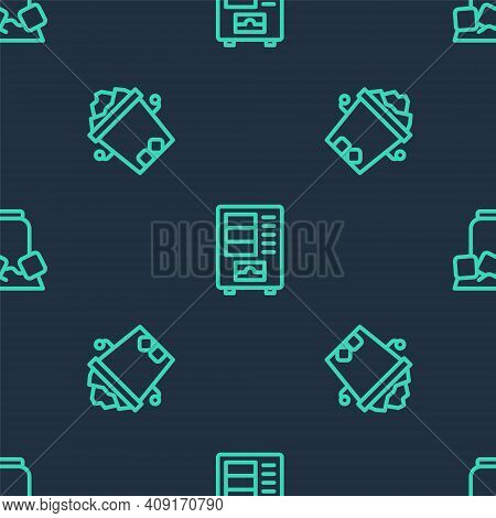 Set Line Vending Machine, Ice Bucket And Cold Beer Can On Seamless Pattern. Vector