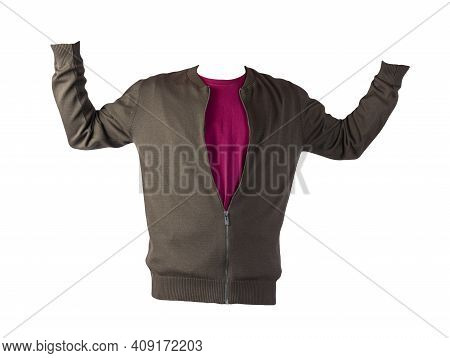 Men's Dark Gren Knitten Bomber Jacket And Black Burgundy Isolated On A White Background. Fashionable