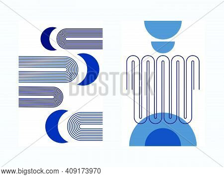 Couple Of Abstract Poster With Boho Arches, With Moons And Semicircles, In Cold Winter Blue Colors, 