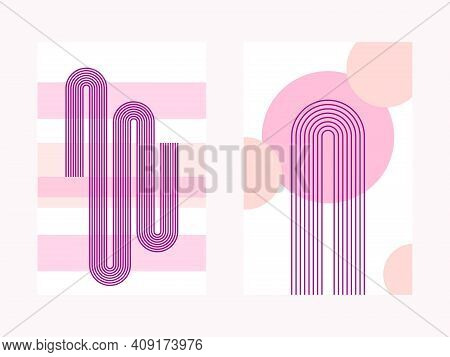 Two Abstract Posters With Boho Arches, Stripes And Circles, In Warm Autumn Colors. Interior Wall Pos