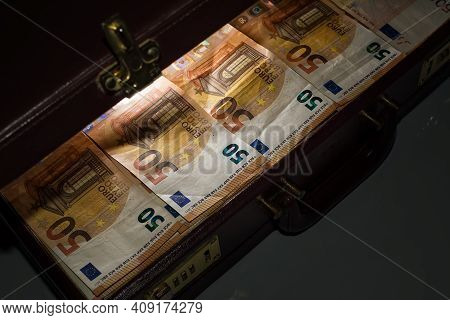24-hour Half-open Briefcase Full Of Euro Banknotes