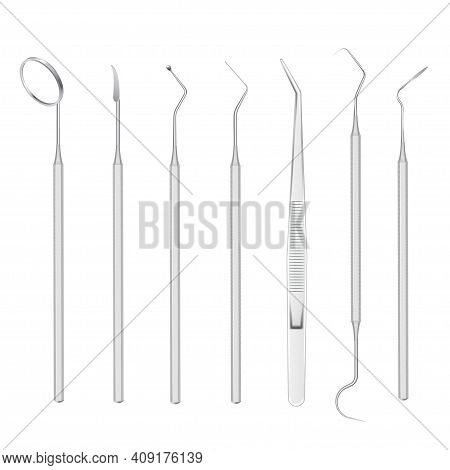 Dental Tools Stainless Steel Realistic Set. Mouth Mirror, Tweezers, Probe, Sickle Scaler, Sharp Need