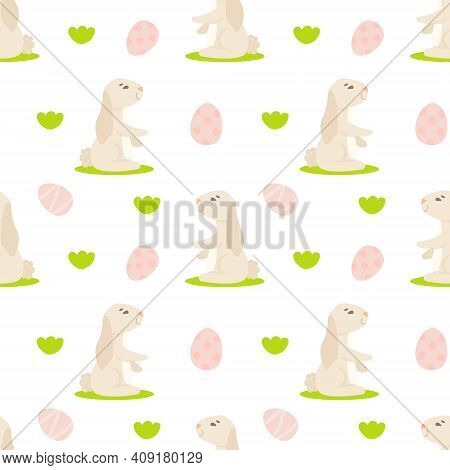 Seamless Pattern With Easter Bunny And Eggs. Vector Illustration