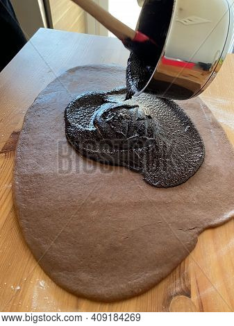 Preparing And Making Sweet Homemade Chocolate Babka Bread Cake. Cozonac Swirl Sourdough Brioche.