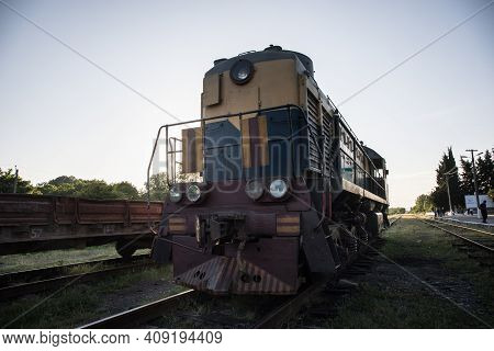 Zagatala. Azerbaijan - 18.05.2020 - Old Soviet Steam Locomotive In Abandoned Railway Station. Summer