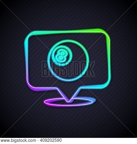 Glowing Neon Line Map Pointer With Billiard Pool Snooker Ball With Number 8 Icon Isolated On Black B