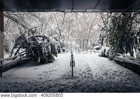Gate To A Public Park In Central Madrid Covered In Snow During The Filomena Storm.