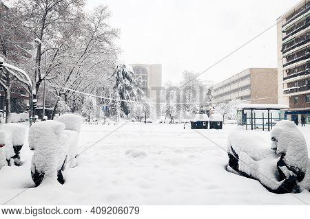 Public Park In Central Madrid Covered In Snow During The Filomena Storm.