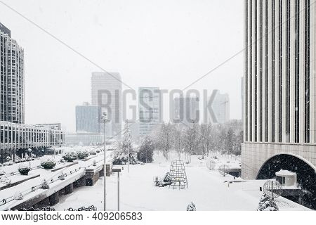 Madrid - January 9, 2021: Wide-angle View Of Azca Business And Financial District In Madrid, Spain.