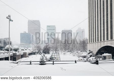 Madrid - January 9, 2021: Wide-angle View Of Azca Business And Financial District In Madrid, Spain.