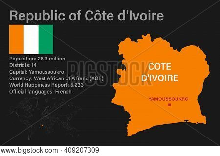 Highly Detailed Côte D'ivoire Map With Flag, Capital And Small Map Of The World