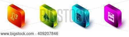Set Isometric Collar With Name Tag, Dog Head, And Bone Icon. Vector