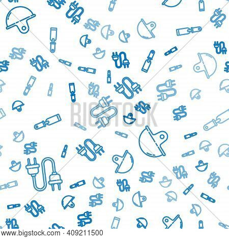 Set Line Electric Plug, Worker Safety Helmet And Rasp Metal File On Seamless Pattern. Vector