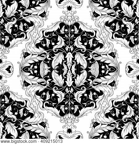 Seamless Pattern, Background In Baroque, Rococo, Victorian, Renaissance Style. Trendy Florar Vintage