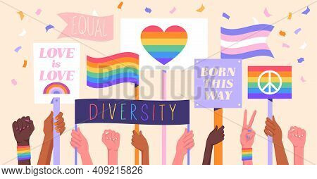 Diverse Multiracial People Holding Placards With Lgbtqi Rainbow Flags. At A Rally Or Gay Pride In Ho