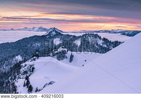 A Cloudy Winter Sunset In The Chartreuse Mountains Near Grenoble.