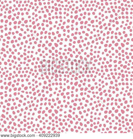 Vector Pink Hand Drawn Dots On White Seamless Pattern Print Background.