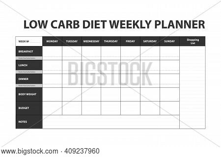 Dark Simple Diet Weekly Planner Isolated On White Background. Food Menu Plan For Diet. Daily Schedul
